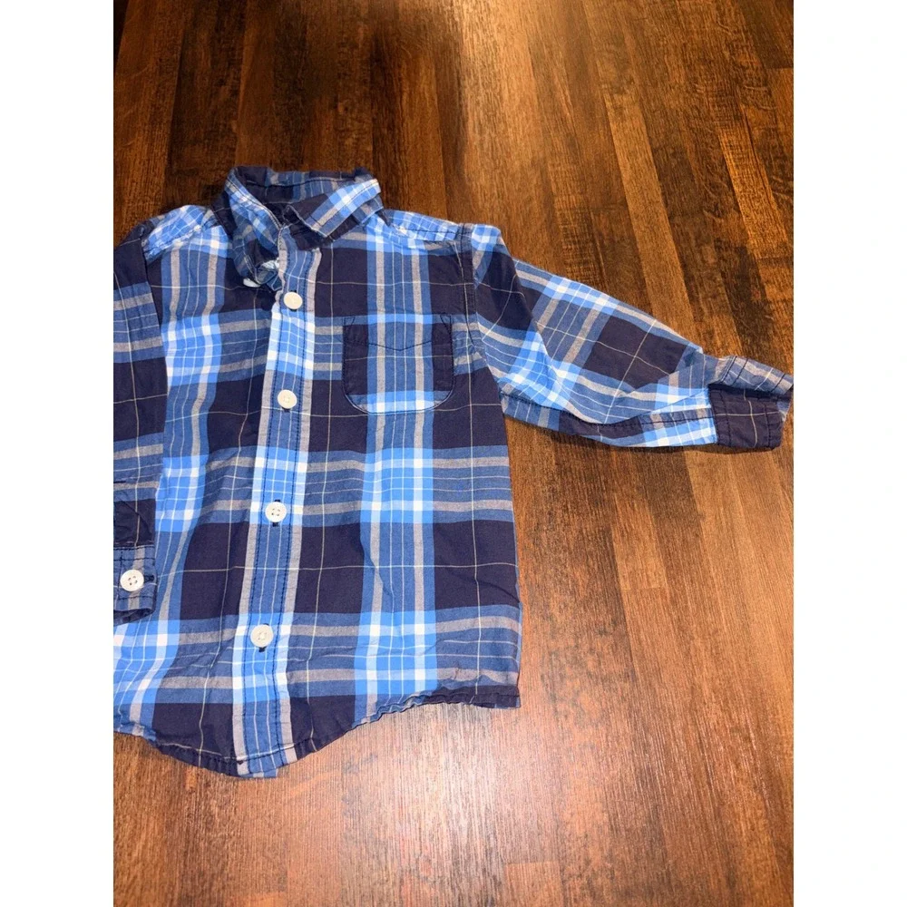 OshKosh B'gosh Boys Blue Plaid Long Sleeve Button‎ Down Shirt 18 Months